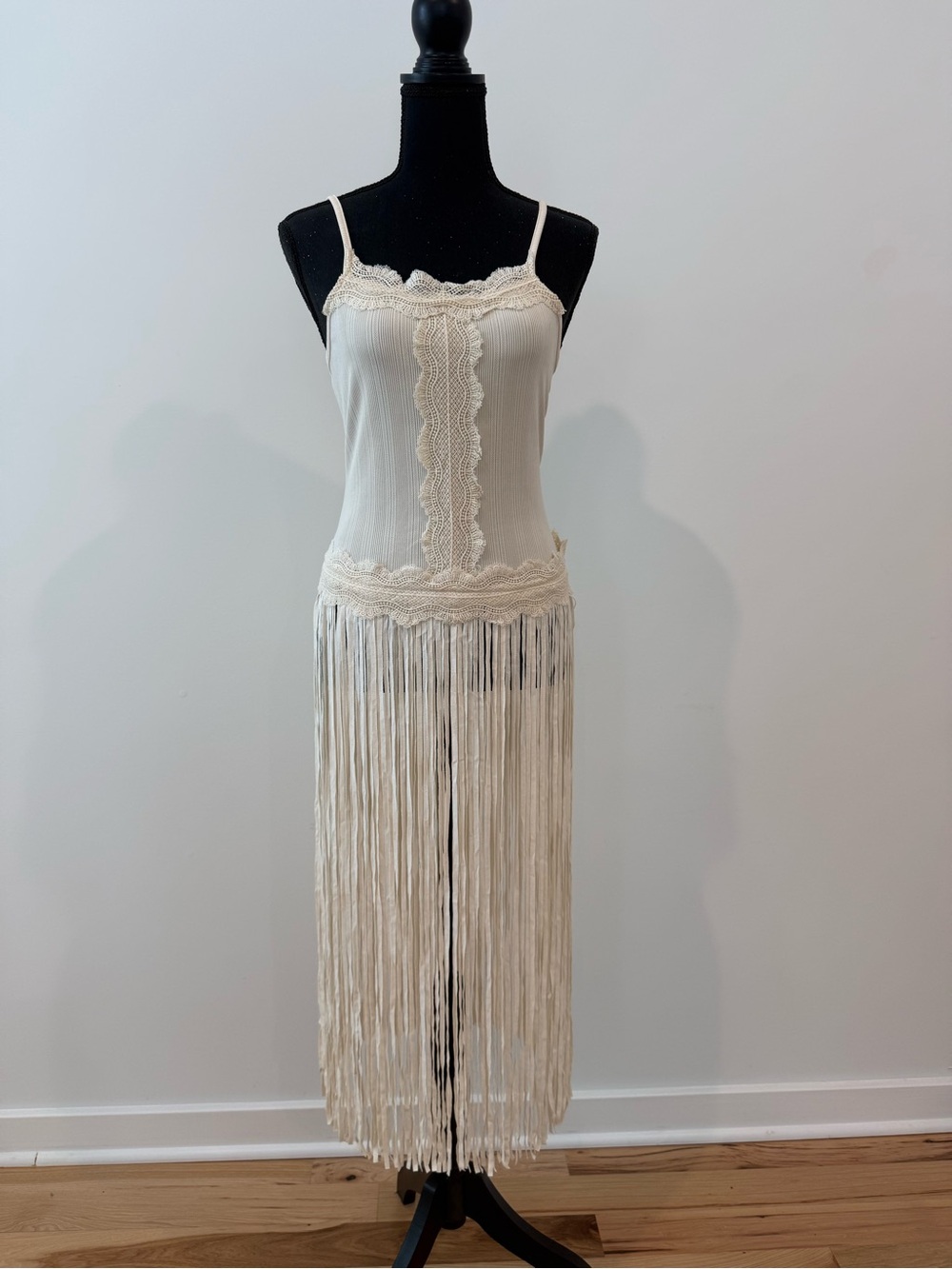 NWT OYROSY Boho Fringe Lace Cami Tunic Top | Ivory | Size Small